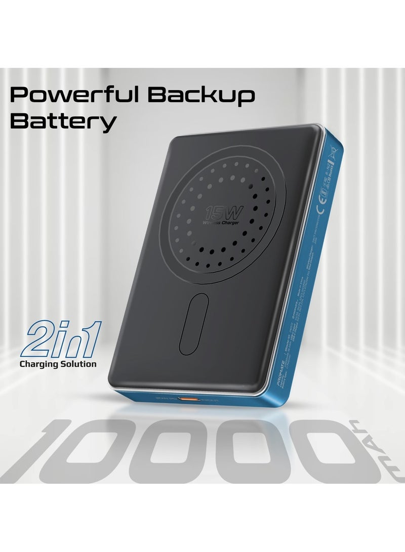 PROMATE - 10000 mAh Promate Powerful Power Bank, 10000mAh Battery Charger with 15W MagSafe Compatible Fast Charging, 20W USB-C Input/Output Port, Charge Protection, Smart Battery Indicators, and Durable Aluminium Design, Blade-10 Blue - Image 1