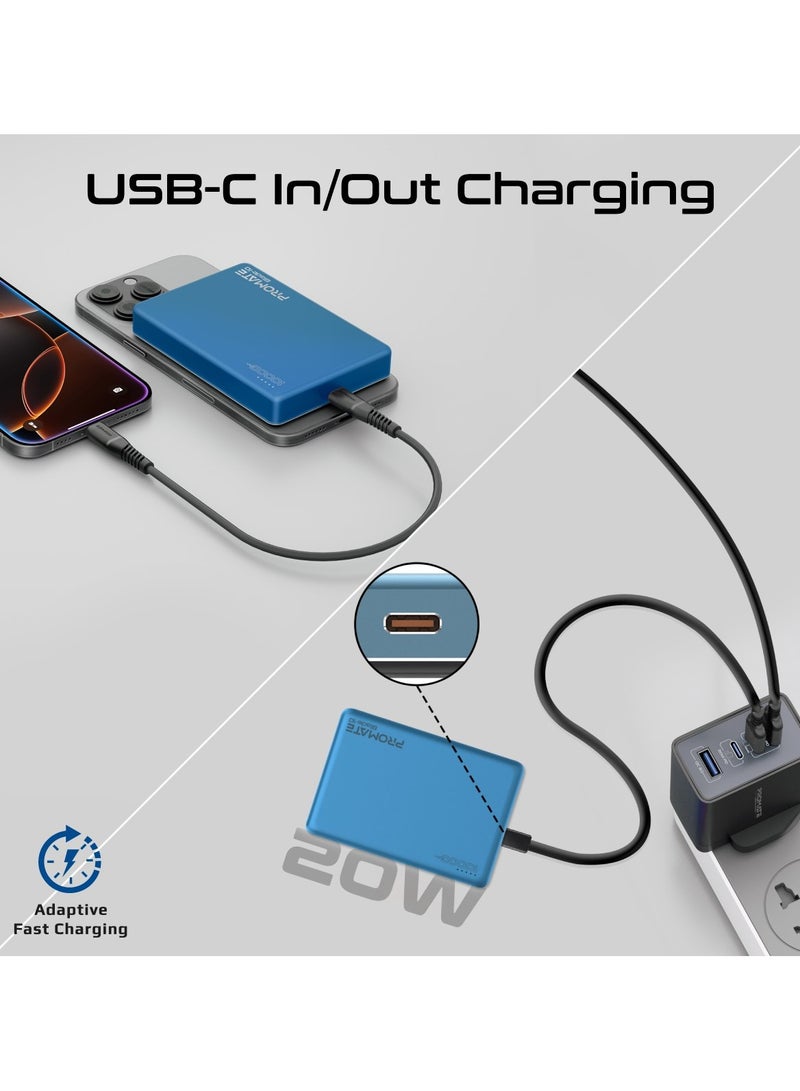 PROMATE - 10000 mAh Promate Powerful Power Bank, 10000mAh Battery Charger with 15W MagSafe Compatible Fast Charging, 20W USB-C Input/Output Port, Charge Protection, Smart Battery Indicators, and Durable Aluminium Design, Blade-10 Blue - Image 1