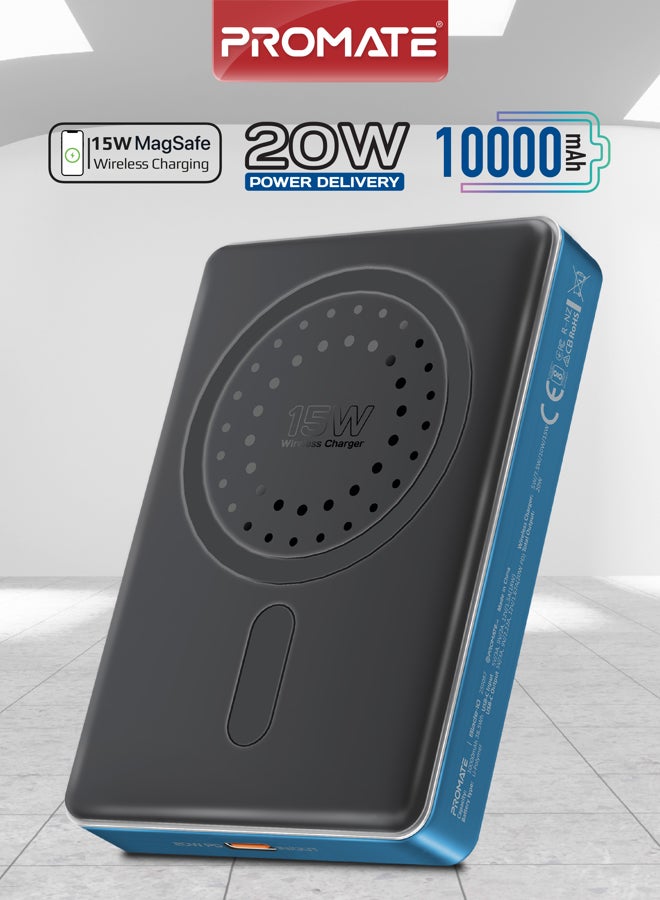 بروميت Blade-10 MagSafe Power Bank 10000mAh,15W, 20W USB-C PD Fast Charging, Slim Aluminium Wireless Charger, LED Indicator, Charge Protection for iPhone 17/17Pro/16/15,Samsung S26/S25, Blue Blue - Image 1