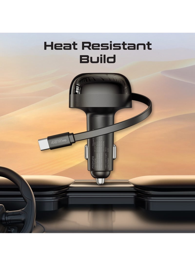 PROMATE - Promate 62W Car Charger With 45W Retractable USB-C PD Cable, Super-Fast PD36W USB-C Port, Rapid 18W Qualcomm Quick Charge 3.0, Temperature Control, Surge and Short Circuit Protection, PowerDrive-RC65 Black - Image 1