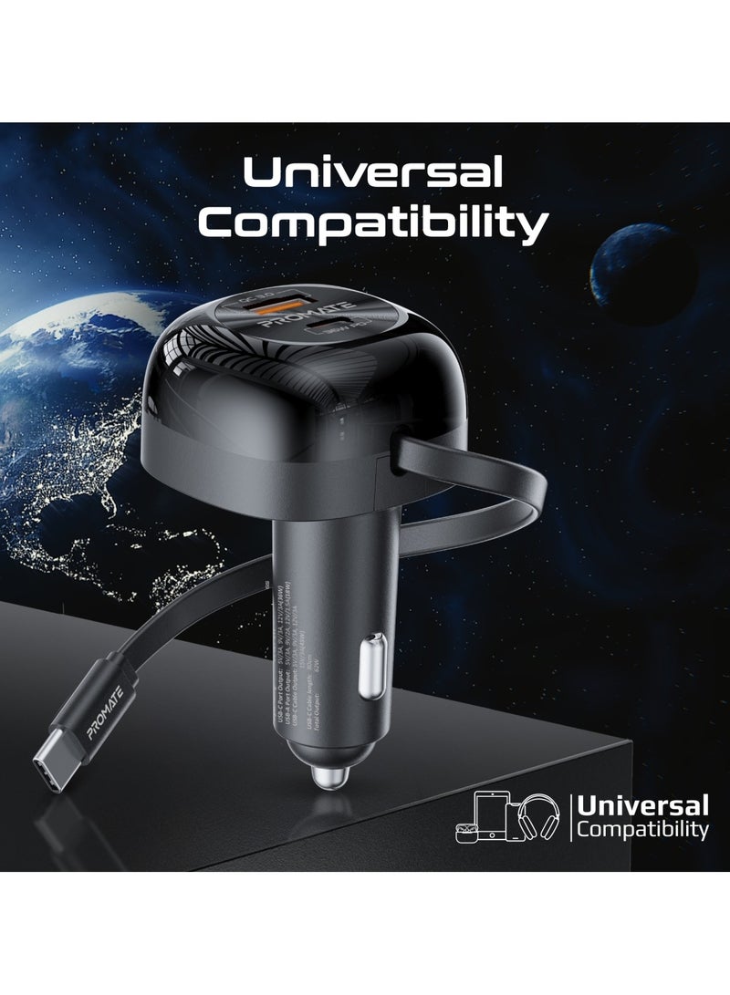 PROMATE - Promate 62W Car Charger With 45W Retractable USB-C PD Cable, Super-Fast PD36W USB-C Port, Rapid 18W Qualcomm Quick Charge 3.0, Temperature Control, Surge and Short Circuit Protection, PowerDrive-RC65 Black - Image 1