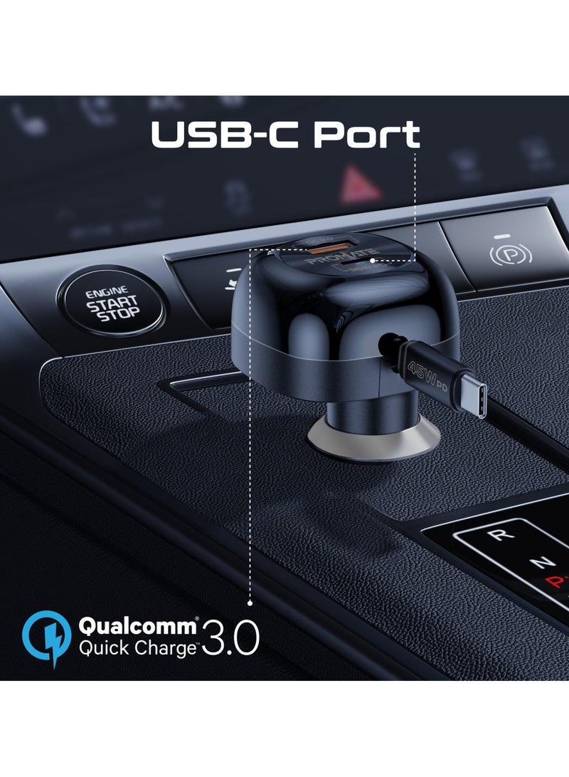 PROMATE - Promate 62W Car Charger With 45W Retractable USB-C PD Cable, Super-Fast PD36W USB-C Port, Rapid 18W Qualcomm Quick Charge 3.0, Temperature Control, Surge and Short Circuit Protection, PowerDrive-RC65 Black - Image 1