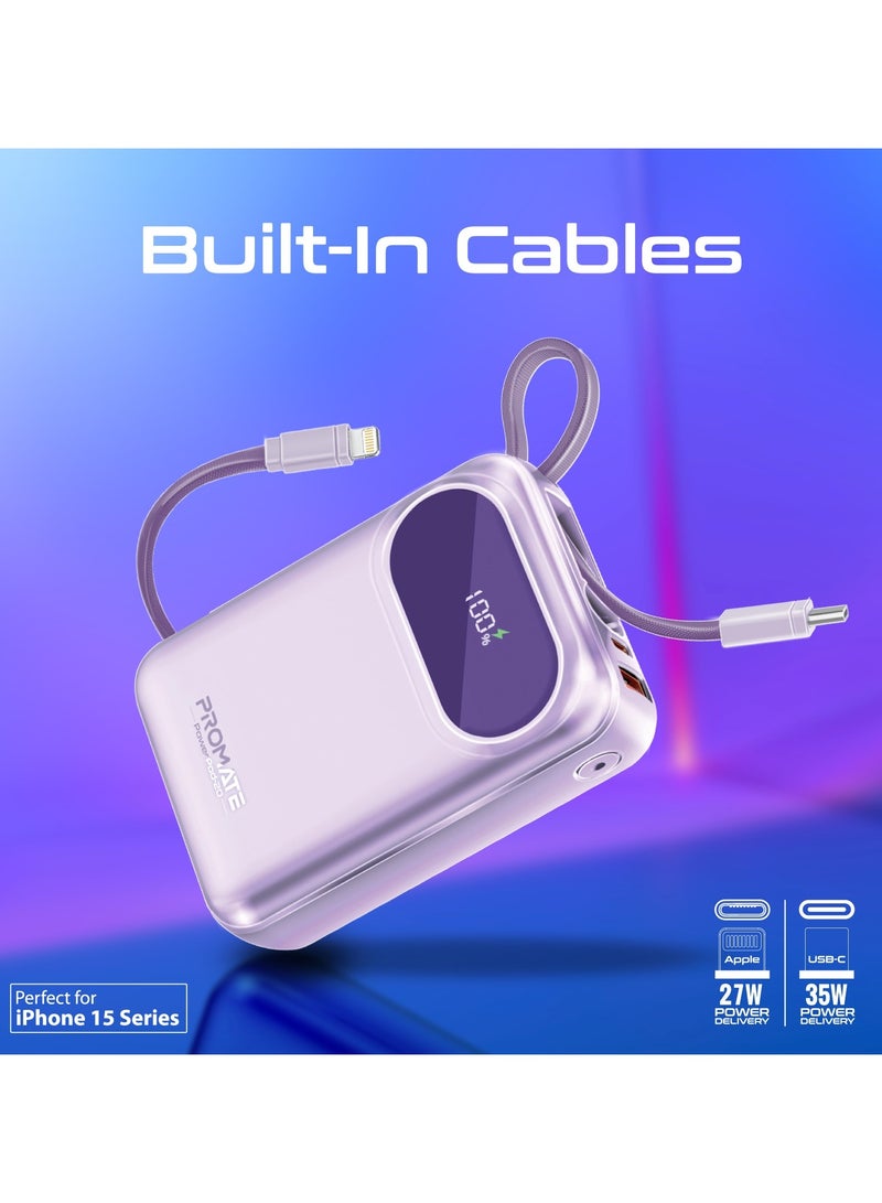 PROMATE - 20000 mAh Promate Power Bank with Built-In USB-C and Lightning Cables, 20000mAh Compact Fast Charging Power Bank, 35W USB-C Power Delivery and 22.5W USB-A Qualcomm QC 3.0 Port for Apple, Android, PowerPod-20 Purple - Image 1