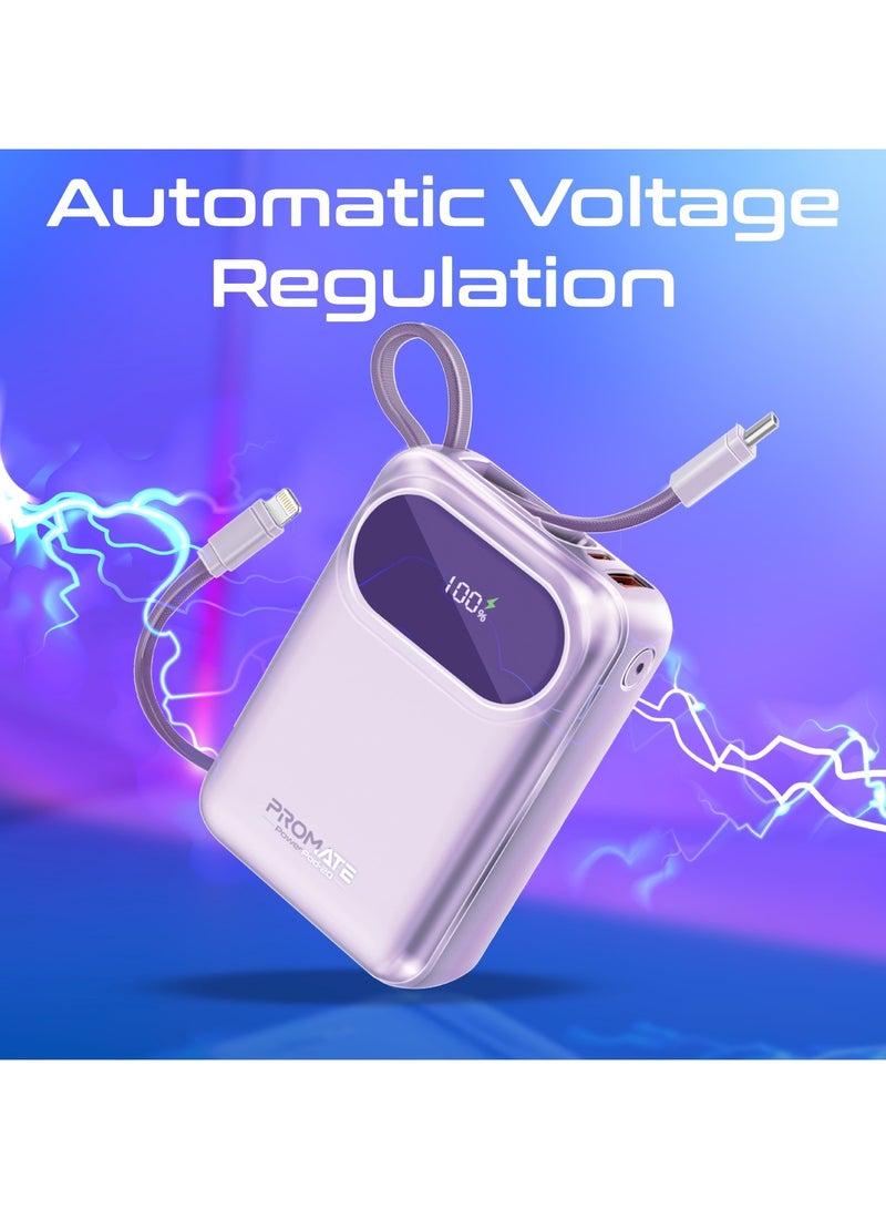PROMATE - 20000 mAh Promate Power Bank with Built-In USB-C and Lightning Cables, 20000mAh Compact Fast Charging Power Bank, 35W USB-C Power Delivery and 22.5W USB-A Qualcomm QC 3.0 Port for Apple, Android, PowerPod-20 Purple - Image 1