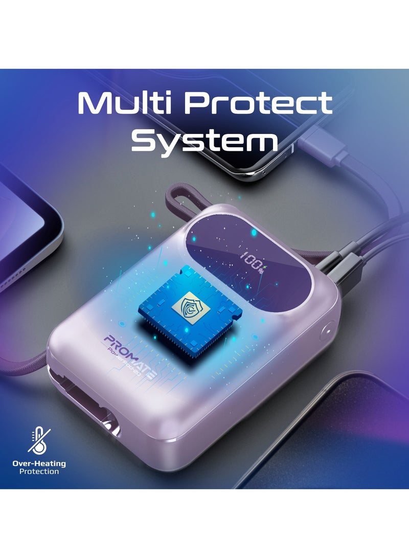 PROMATE - 20000 mAh Promate Power Bank with Built-In USB-C and Lightning Cables, 20000mAh Compact Fast Charging Power Bank, 35W USB-C Power Delivery and 22.5W USB-A Qualcomm QC 3.0 Port for Apple, Android, PowerPod-20 Purple - Image 1