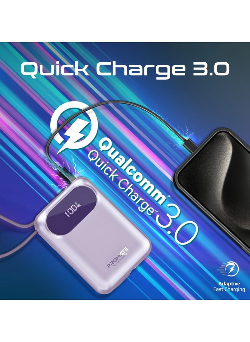 PROMATE - 20000 mAh Promate Power Bank with Built-In USB-C and Lightning Cables, 20000mAh Compact Fast Charging Power Bank, 35W USB-C Power Delivery and 22.5W USB-A Qualcomm QC 3.0 Port for Apple, Android, PowerPod-20 Purple - Image 1