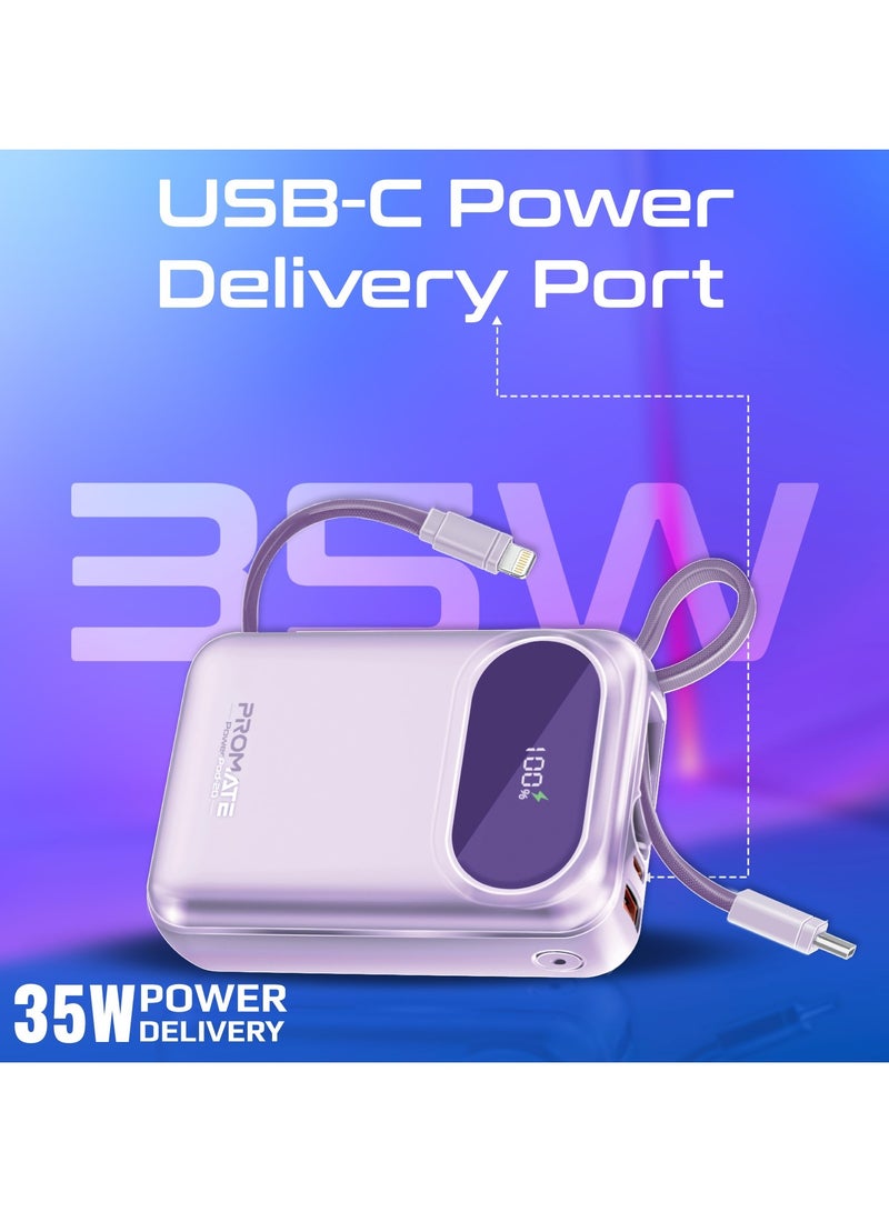 PROMATE - 20000 mAh Promate Power Bank with Built-In USB-C and Lightning Cables, 20000mAh Compact Fast Charging Power Bank, 35W USB-C Power Delivery and 22.5W USB-A Qualcomm QC 3.0 Port for Apple, Android, PowerPod-20 Purple - Image 1