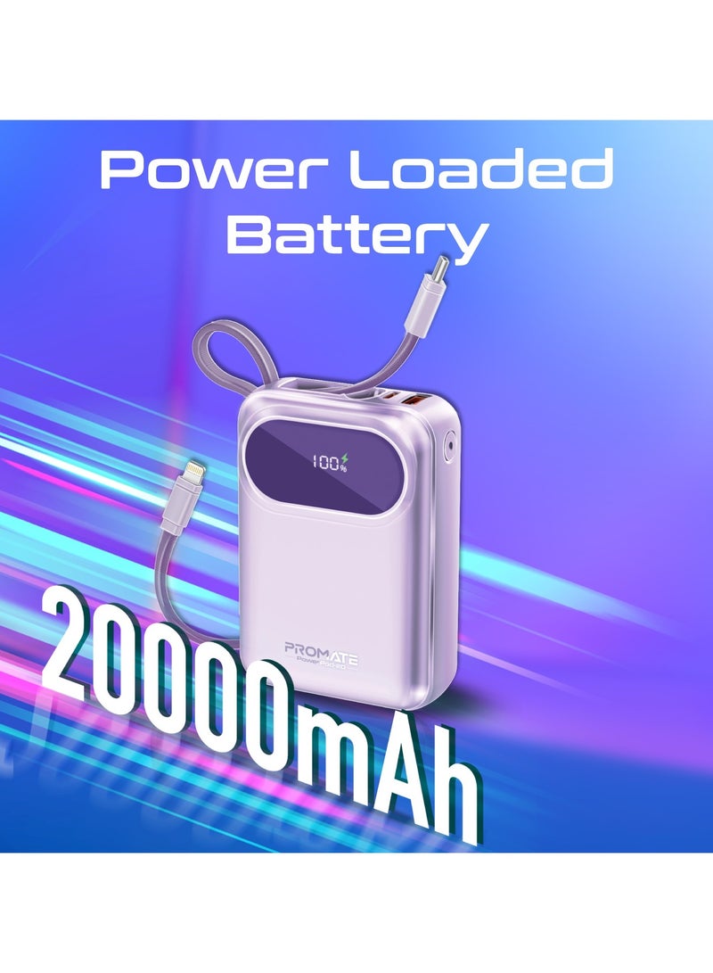 PROMATE - 20000 mAh Promate Power Bank with Built-In USB-C and Lightning Cables, 20000mAh Compact Fast Charging Power Bank, 35W USB-C Power Delivery and 22.5W USB-A Qualcomm QC 3.0 Port for Apple, Android, PowerPod-20 Purple - Image 1