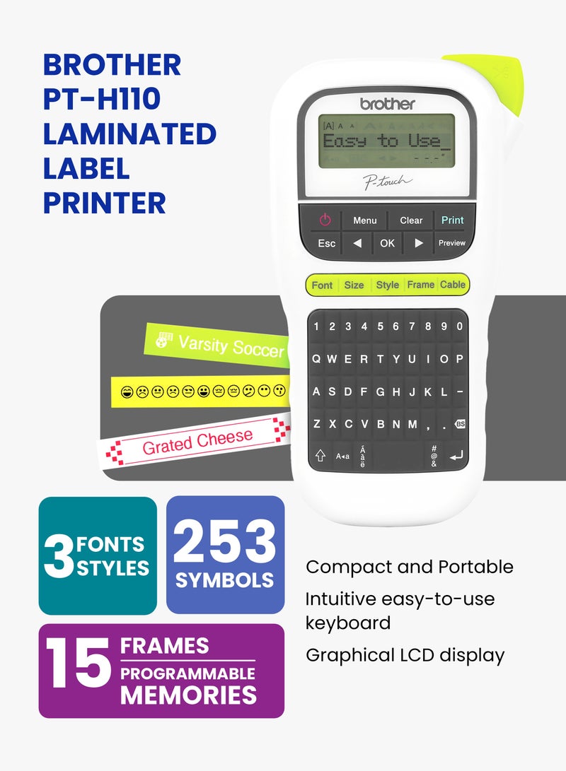 بروذر Brother PT-H110 Laminated Label Printer | Up to 12mm Width | Compact & Portable | Intuitive Easy-to-use Keyboard White  - Image 2