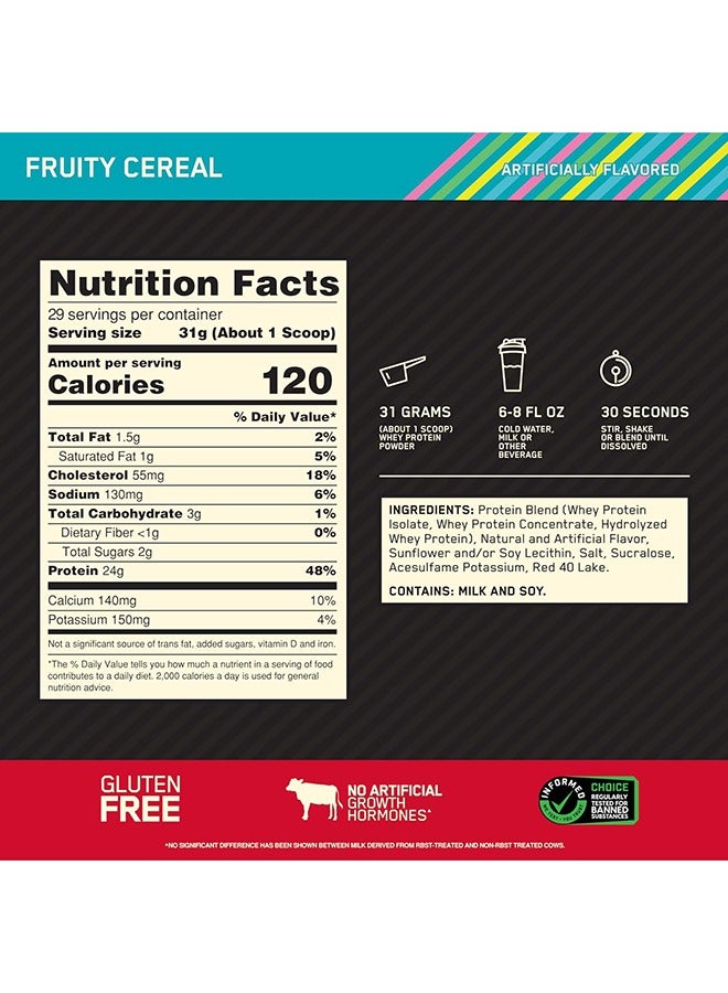 Optimum Nutrition - 100% Whey Protein Powder Primary Source Isolate 24 Grams Protein Fruity Cereal 29 Servings 900 Grams - Image 1