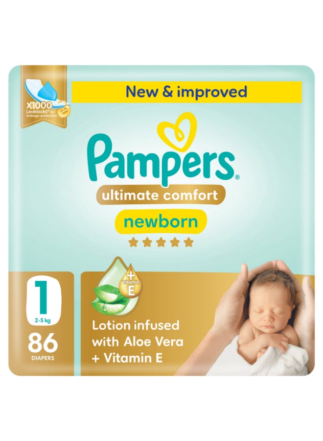Pampers Ultimate Comfort Taped Diapers, Size 1, 2-5kg, Mega Pack, 86 Count  - Image 1