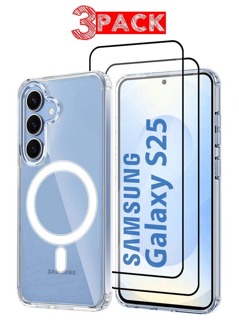 MARGOUN (for Samsung Galaxy S25) 3Packs, Clear Magnetic Ring Case Ultra Slim and Protective with Two Shock Proof 3D Screen Protectors Clear - Image 1