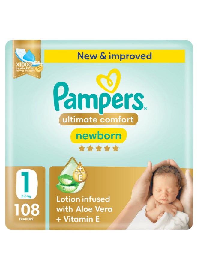 Pampers Ultimate Comfort Taped Diapers, Size 1, 2-5kg, Giant Pack, 108 Count - Image 1