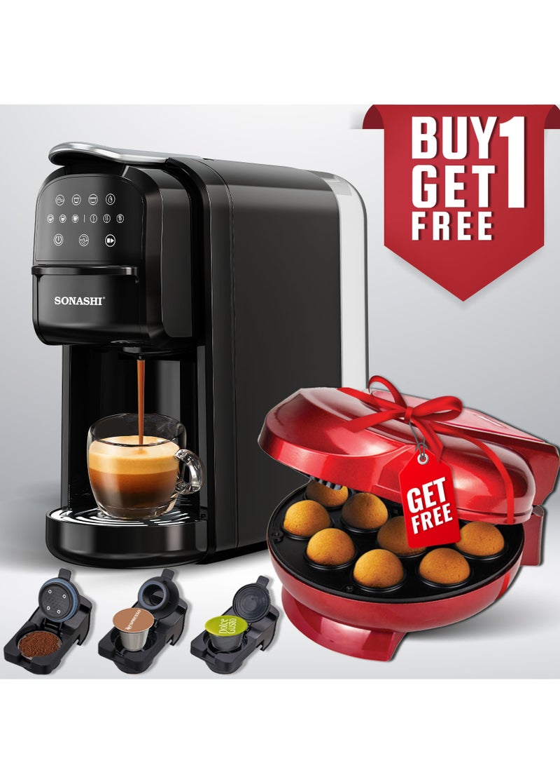 SONASHI - Buy 3 in 1 Multi Capsule Coffee Machine and Get  - Cake Pop Maker (12 Pcs) | Digital Touch Coffee Maker with Non-Stick Baking Cake Pop Maker | Nespresso/Dolce Gusto/Coffee Powder Coffee Machine 700 ml 1400 W SCM-4985 + SCPM-872 Black - Image 1