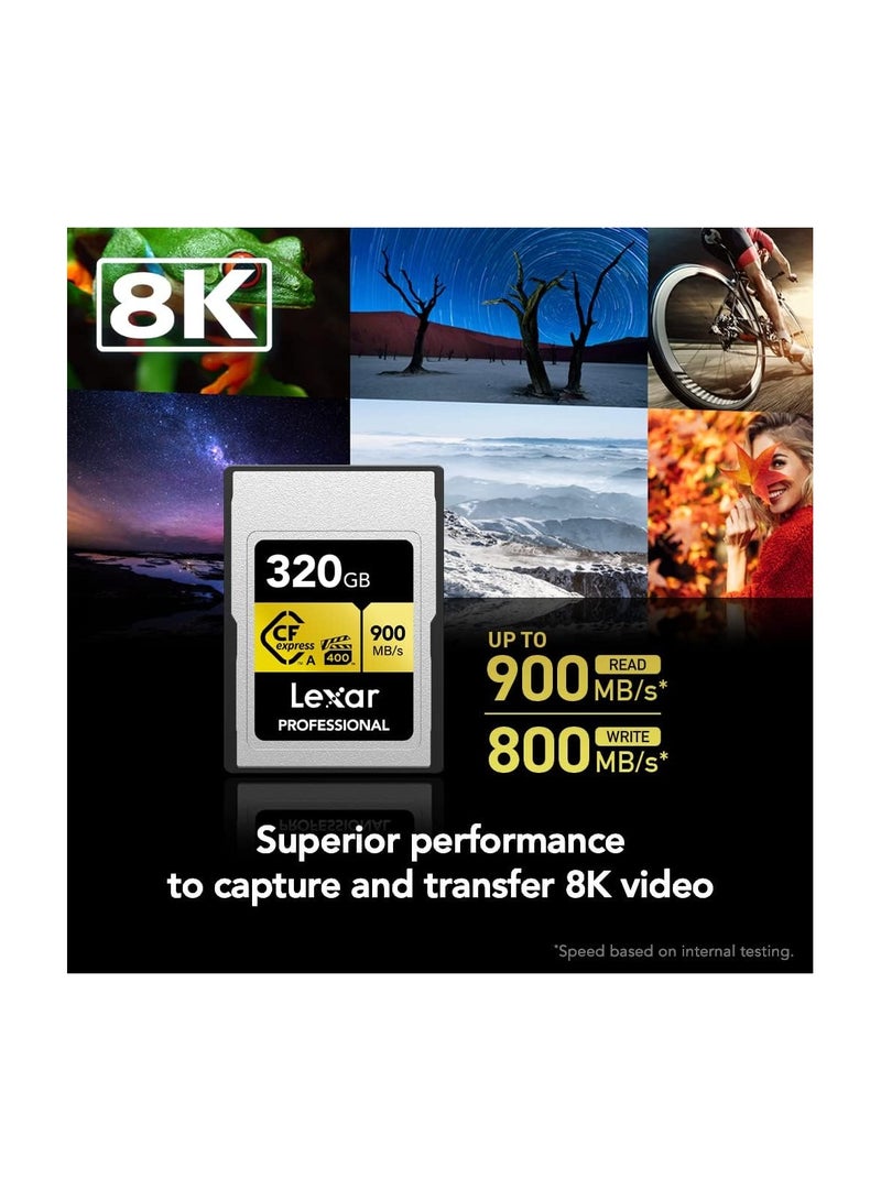 Lexar - Professional 320GB CFexpress Type A Gold Series Memory Card, Up to 900MB/s Read, Cinema-Quality 8K Video, Rated VPG 400 (LCAGOLD320G-RNENG) 320 GB - Image 1
