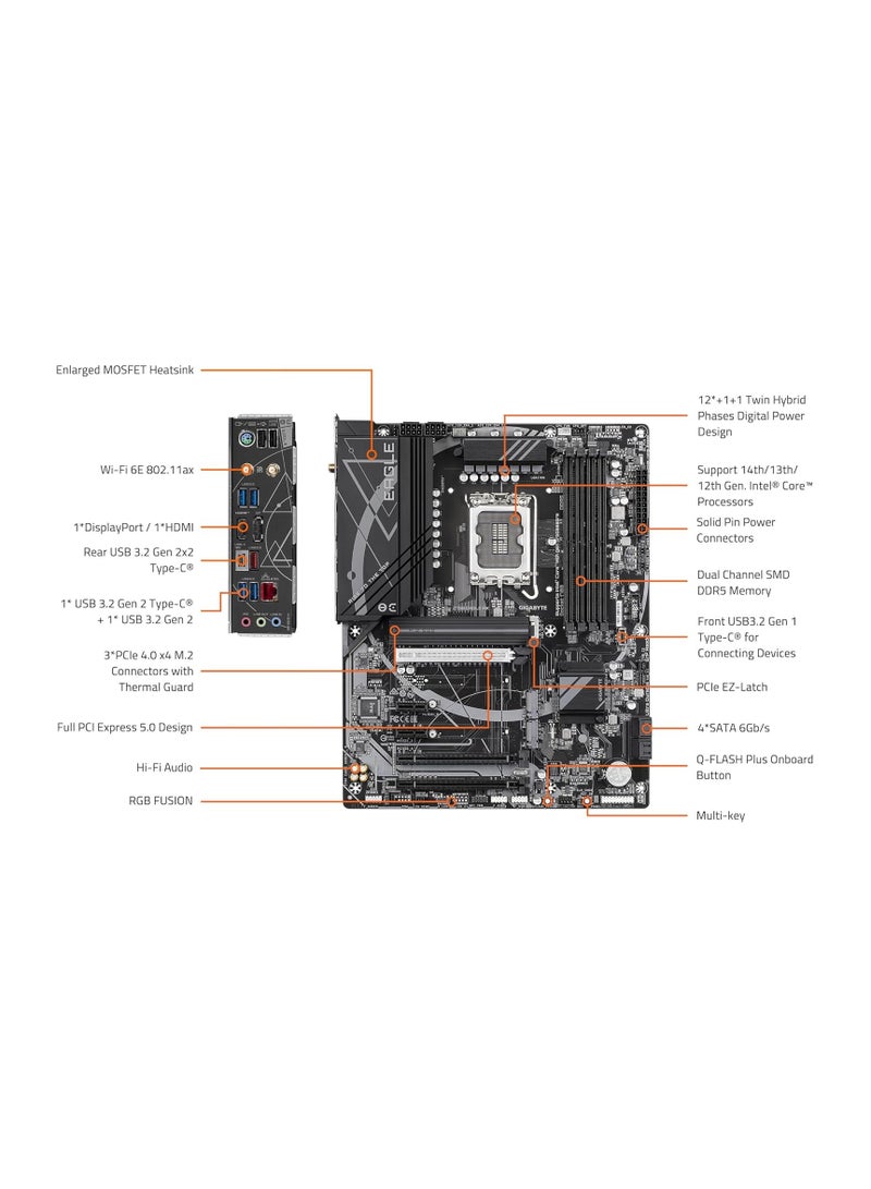 Z790 EAGLE AX ATX Motherboard, LGA1700 Socket, Intel Z790 Chipset, DDR5 7600(OC) Dual Channel, Up to 256GB, PCIe 5.0 x16 Slot, 3x PCIe 4.0 M.2 NVMe SSD Slots, 4x SATA 6Gb/s, Intel Wi-Fi 6E AX211, Bluetooth 5.3, Realtek 2.5GbE LAN, HDMI 2.1 & DisplayPort 1.2, USB 3.2 Gen 2 Type-C, Q-Flash Plus, Smart Fan 6, ECC/Non-ECC DDR5, 7.1 HD Audio | Z790 EAGLE AX