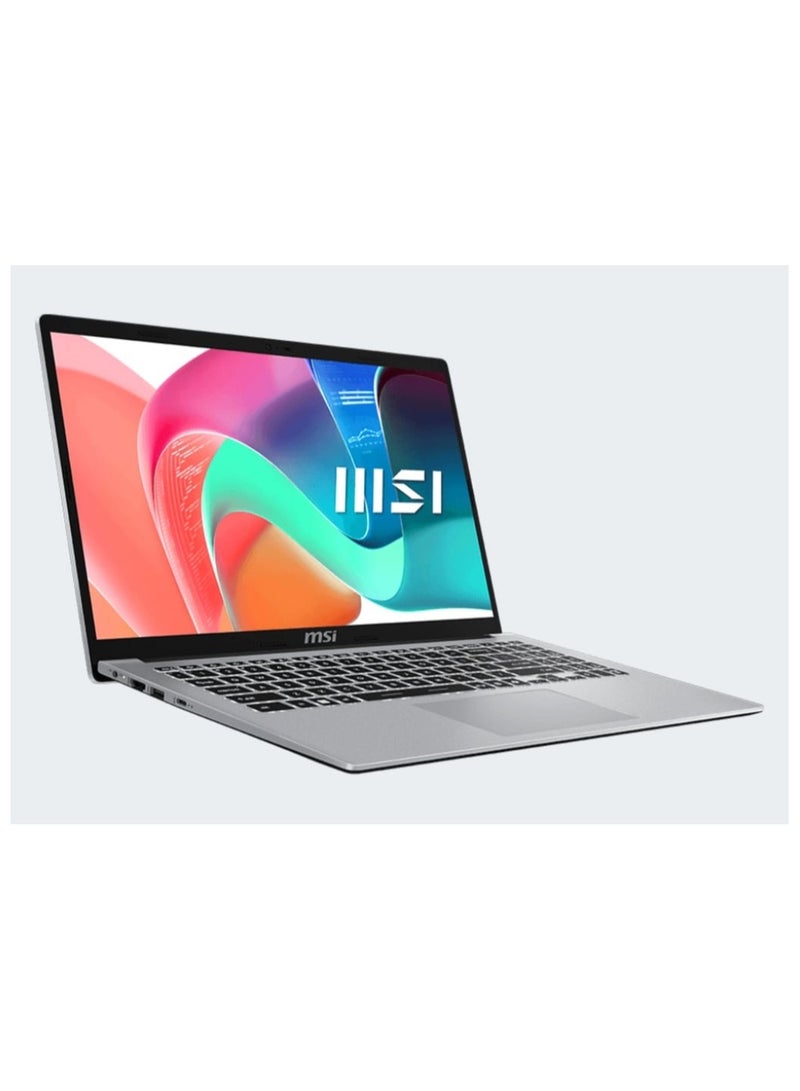 MSI - LAPTOP MSI (9S7-15S122-057 ) Modern 15 F13MG CPU Raptor Lake i5-1335U RAM Onboard DDR4 8GB ( 3200MHz ) HDD 512 GB SSD UHD Intel Iris UHD Graphics Single backlight KB (White) 14 FHD (1920*1080) 60Hz IPS – Level English/Arabic Silver - Image 1
