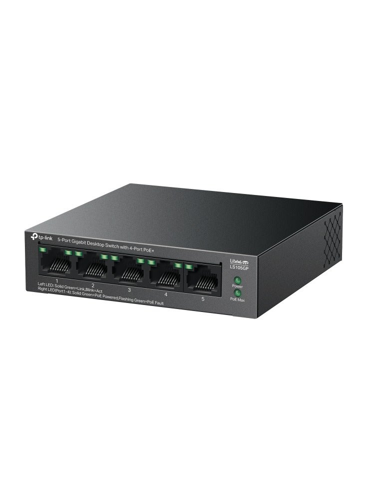 TP-LINK LS105GP  5-Port Gigabit Desktop Switch with 4-Port PoE+ black - Image 1