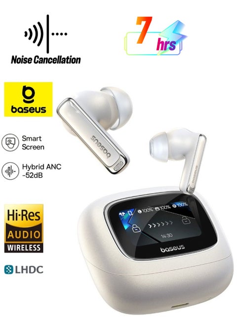 True Wireless Earbuds with Bluetooth 5.4, Hi-Res Audio, 52dB Active Noise Cancellation, Spatial Acoustics, Smart Touch Display, 7-Hour Playtime, Low Latency, 4-Mic Deep Bass, Smart Case, Customizable via App, TWS Bluetooth Headphones, Wireless In-Ear Earbuds, Compatible with Most Devices Moon White