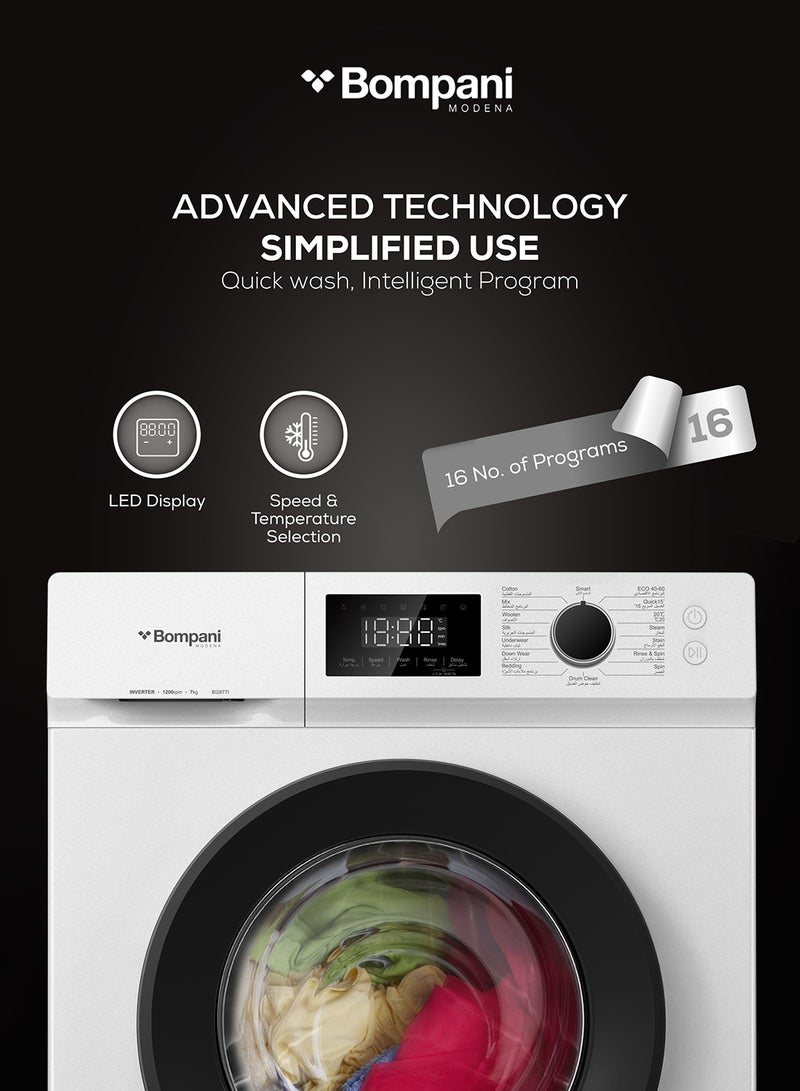 بومباني 7KG Front Load Washing Machine, 16 Programs, Touch + Knob Control, LED Display, IPX4 Rating 7 kg BI2877I White  - Image 3