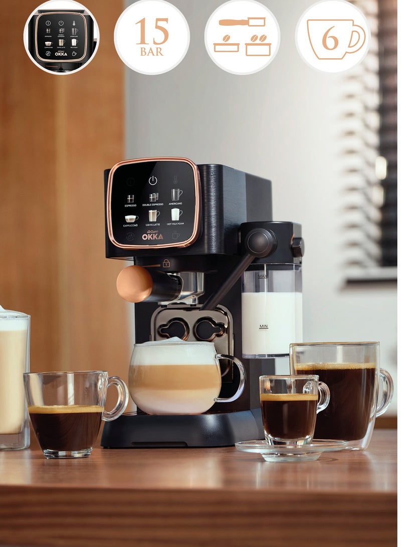 Arzum - Okka Solo Espresso Machine Semi Automatic Power : 1628 W Pressure: 15 bar Water Capacity: 1.1 L 1628 W OK0032-0400 Black/copper Black/copper - Image 1