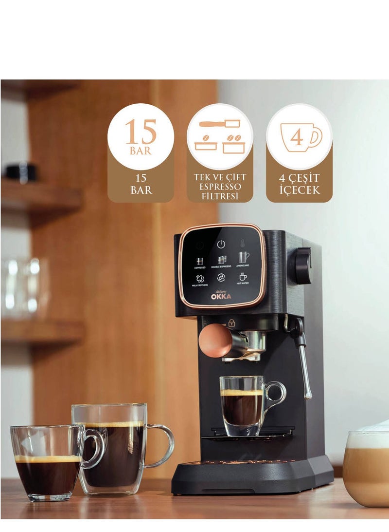 Arzum - Okka Solo Espresso Machine Semi Automatic Power : 1628 W Pressure: 15 bar Water Capacity: 1.1 liters OK0034-0400 1.1 L 1628 W OK0034-0400 Black/copper - Image 1