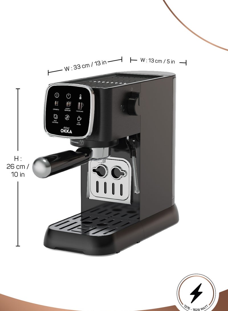 Arzum - Okka Solo Espresso Machine Semi Automatic Power : 1628 W Pressure: 15 bar Water Capacity: 1.1 liters OK0034-0500 Black/Silver 1.1 L 1628 W OK0034-0500 Black/Silver - Image 1