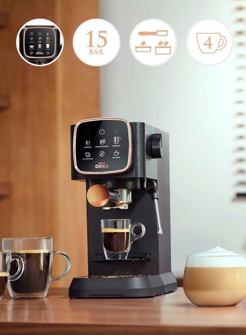 Arzum - Okka Solo Espresso Machine Semi Automatic Power : 1628 W Pressure: 15 bar Water Capacity: 1.1 liters OK0034-0500 Black/Silver 1.1 L 1628 W OK0034-0500 Black/Silver - Image 1