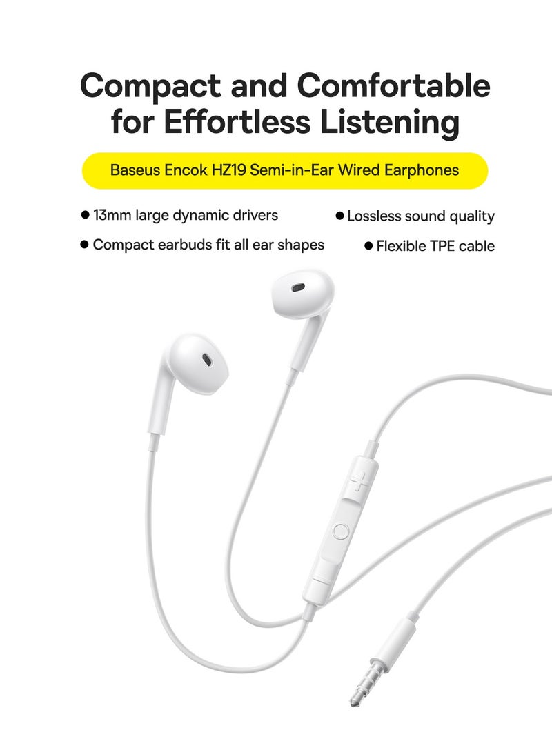 Baseus Wired Headphones, In-Ear Earphones with Half in-Ear Design, 3.5mm Jack Wired Earbuds with Microphone and Volume Control for iPhone, Samsung, Android, iPad, MP3 Players, and Most 3.5mm Audio Devices, High-Quality Sound, Comfortable Fit, Noise-Isolating, Durable and Lightweight Design 3.5mm - White  - Image 2