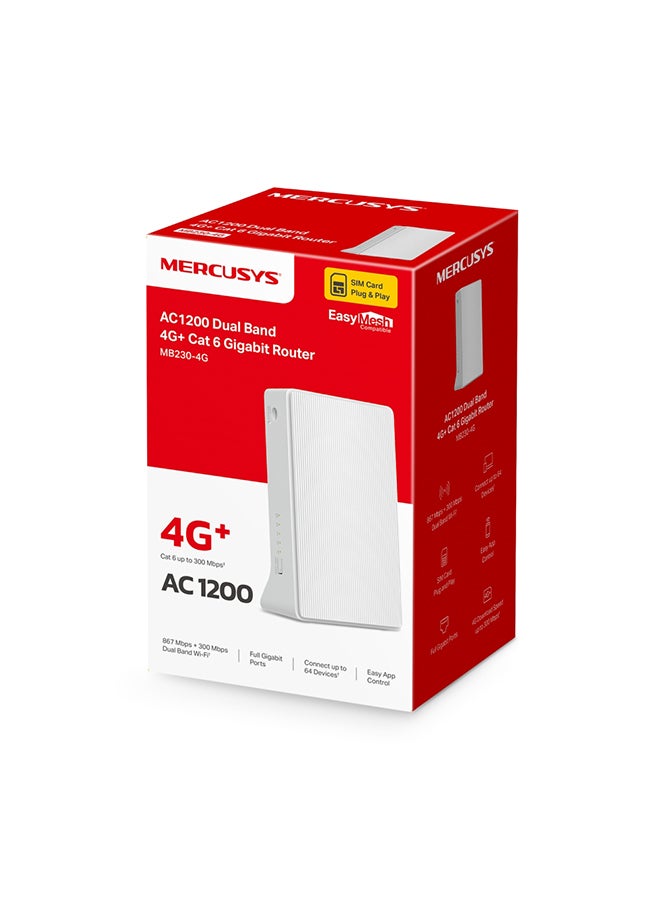 MERCUSYS - 4G+Cat 6 up to 300 Mbps AC1200 Dual-Band Gigabit Router, Connect up to 64 Devices, SIM Card Plug and Play, Available WAN Connection, 867 Mbps + 300 Mbps WiFi(MB230-4G) White - Image 1