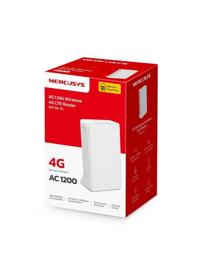 MERCUSYS - Cat 4 up to 150 Mbps AC1200 Wireless Dual Band 4G LTE Router, Connect up to 64 Devices, SIM Card Plug and Play, Available WAN Connection, 867 Mbps + 300 Mbps WiFi, External Antennas Ports(MB130-4G) White - Image 1