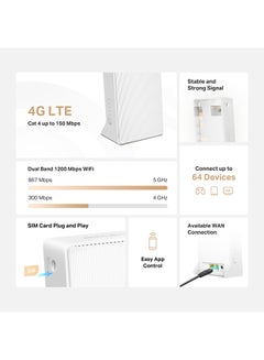 MERCUSYS Cat 4 up to 150 Mbps AC1200 Wireless Dual Band 4G LTE Router, Connect up to 64 Devices, SIM Card Plug and Play, Available WAN Connection, 867 Mbps + 300 Mbps WiFi, External Antennas Ports(MB130-4G) White  - Image 3