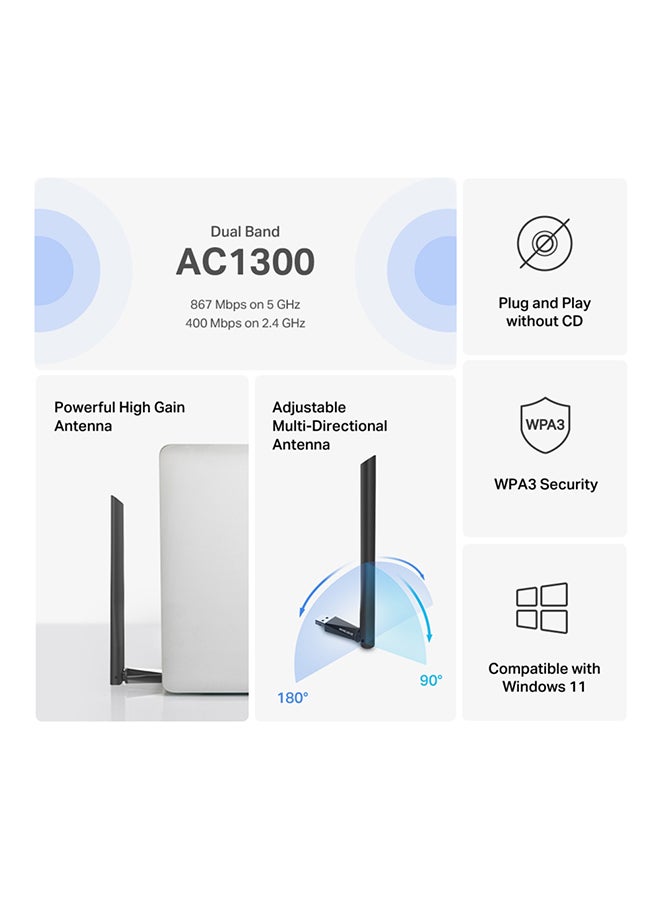 MERCUSYS AC1300 High Gain Wireless Dual Band USB MU-MIMO Adapter|Adjustable Multi-Directional Antenna|Plug and Play without CD|Wider Signal Coverage|Compatible with Windows Operating System Black - Image 3
