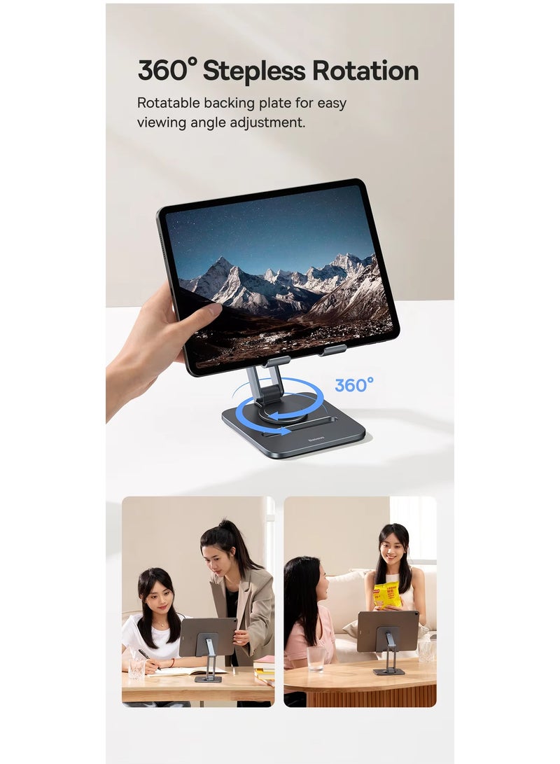 Baseus - iPad Stand 360° Rotatable Metal Phone and Tablet Stand Holder for Desk Adjustable Foldable Tablet Mount Compatible with All up to 13" Devices like iPad Pro 12.9"/iPad Air, iPhone 16 Pro Max, iPad Pro/Air/Mini, Galaxy Tab, Kindle, Surface Pro and Many More, Durable, Foldable, Adjustable Stand for Phones & Tablets Space Grey - Image 1
