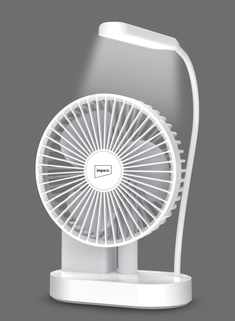Impex 5 Inch Rechargeable Table Fan with 2400mAh Battery, 19pcs SMD LED, Type-C Charging Port, Pen Holder, Strong Wind Force, 3-Stage Speed Control, White & Blue Design (Breeze D4 White) Breeze D4 White  - Image 1