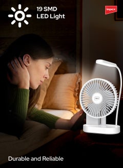 Impex 5 Inch Rechargeable Table Fan with 2400mAh Battery, 19pcs SMD LED, Type-C Charging Port, Pen Holder, Strong Wind Force, 3-Stage Speed Control, White & Blue Design (Breeze D4 White) Breeze D4 White  - Image 5