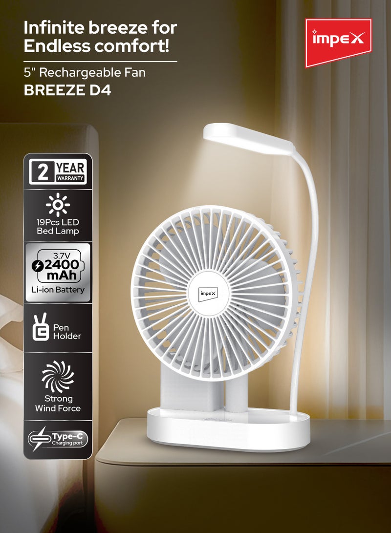 Impex 5 Inch Rechargeable Table Fan with 2400mAh Battery, 19pcs SMD LED, Type-C Charging Port, Pen Holder, Strong Wind Force, 3-Stage Speed Control, White & Blue Design (Breeze D4 White) Breeze D4 White  - Image 2