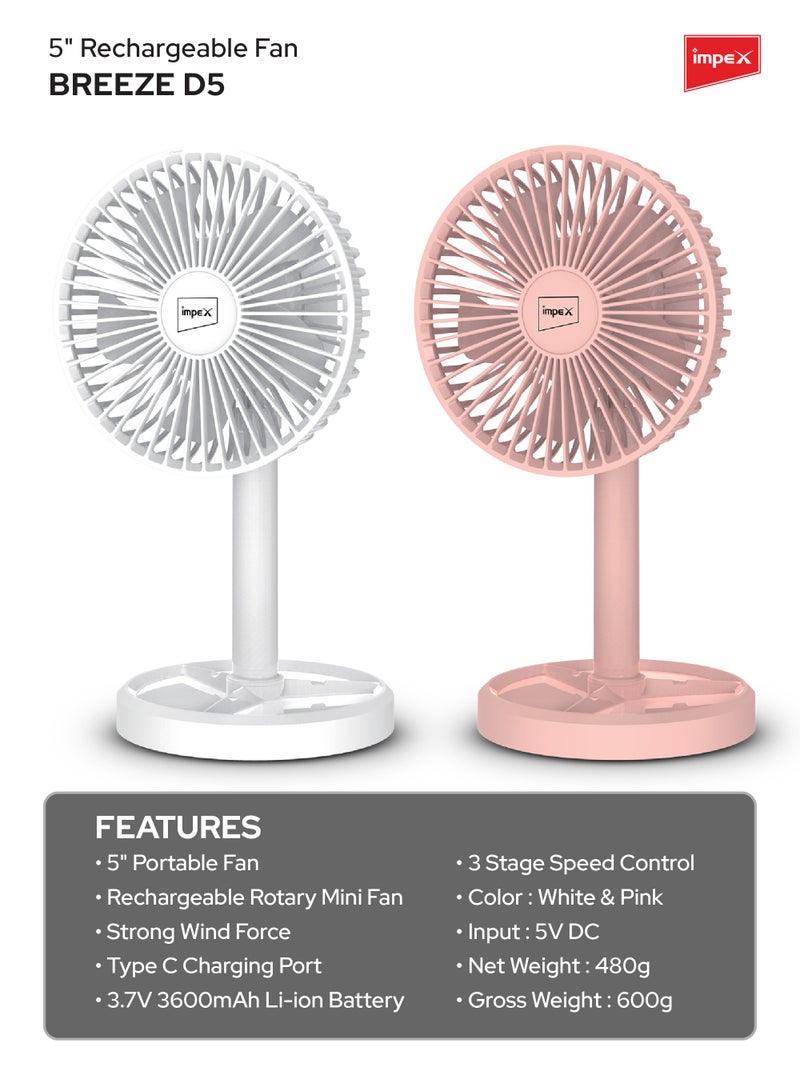 Mini Fan 5 Inch Rechargeable with 3600mAh Battery, Strong Wind Force, Type C Charging Port, 3-Stage Speed Control, Rotary Design, Portable Cooling, 5V DC Input Breeze D5 White