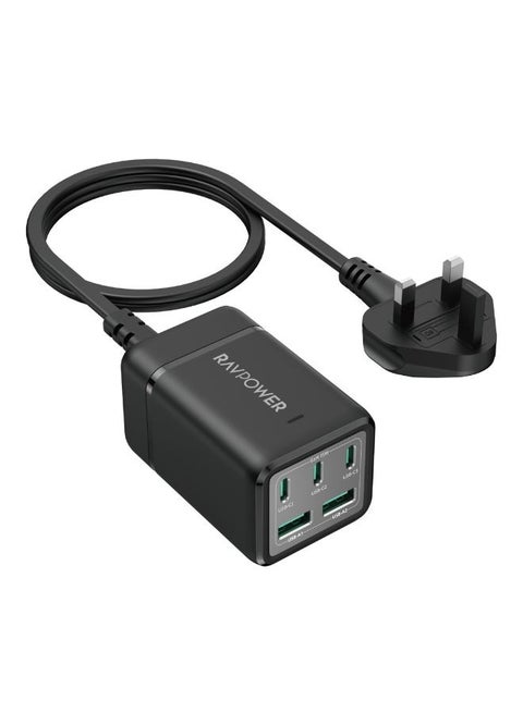 75W 5-Port GaN Tech USB-C Desktop Charger (PC1045) - Fast Charging Station for MacBook Air 15, iPhone 14, iPad, Galaxy S23, More, with 3 USB-C and 2 USB-A Ports Black
