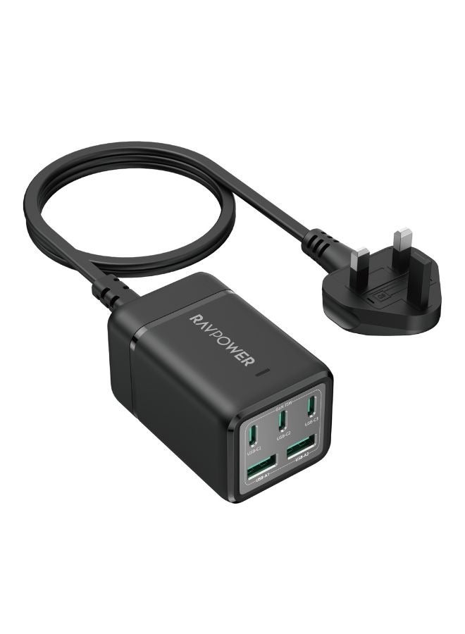 RAVPOWER 75W 5-Port GaN Tech USB-C Desktop Charger (PC1045) - Fast Charging Station for MacBook Air 15, iPhone 14, iPad, Galaxy S23, More, with 3 USB-C and 2 USB-A Ports Black  - Image 1