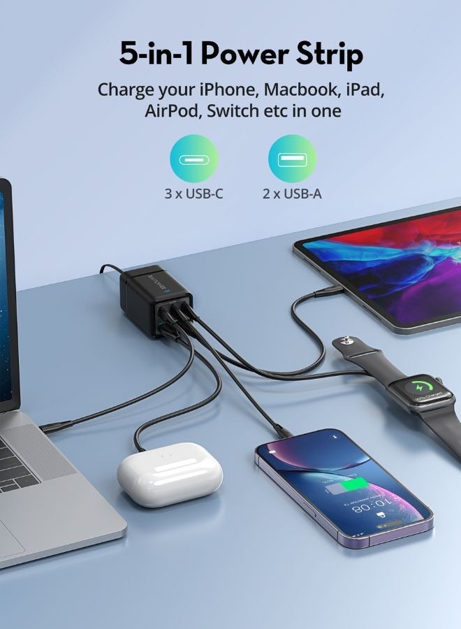 RAVPOWER 75W 5-Port GaN Tech USB-C Desktop Charger (PC1045) - Fast Charging Station for MacBook Air 15, iPhone 14, iPad, Galaxy S23, More, with 3 USB-C and 2 USB-A Ports Black  - Image 3