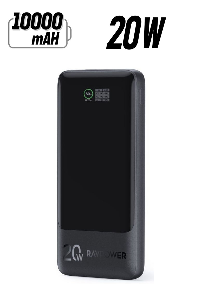 RAVPOWER 10000 mAh Portable Charger, 20W PD QC Power Bank with 3 Ports, USB C Battery Pack with Smart Digital Display, Compact External Battery for iPhone, Samsung, and More Black  - Image 1