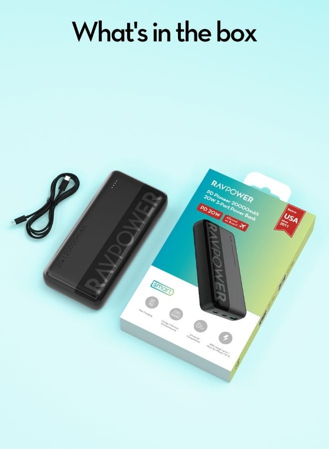 RAVPOWER - 20000 mAh PD 20W 3-Port Power Bank, Fast Charging PD/QC, Charge 3 Devices Simultaneously, Universal Compatibility for iPhone 15/16 & More, Dual USB-C + USB-A, iSmart Technology Black - Image 1