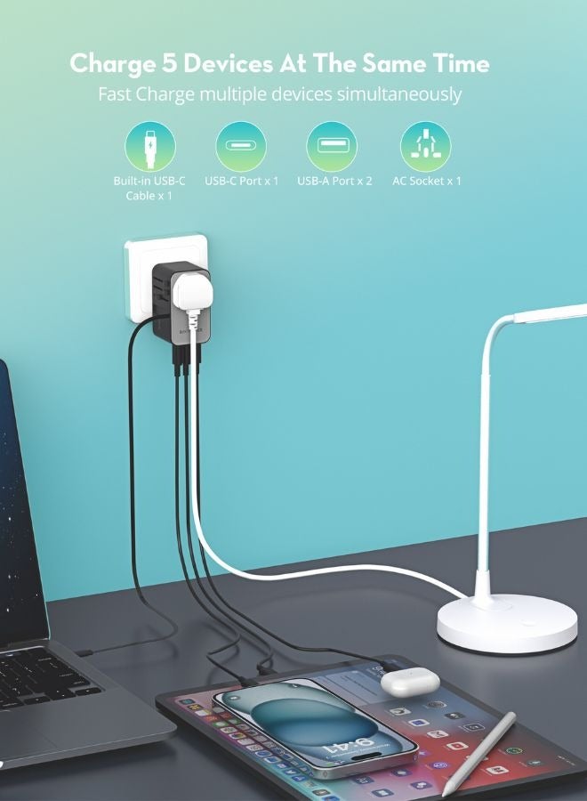 RAVPOWER - 70W 4-Port Travel Adapter with Built-in USB-C Cable, GaN 5.0 Universal Adapter, International Wall Charger with AC Outlet, 2 USB-A, USB-C PD, for Laptops, Phones, Tablets, PC1061 Black - Image 1