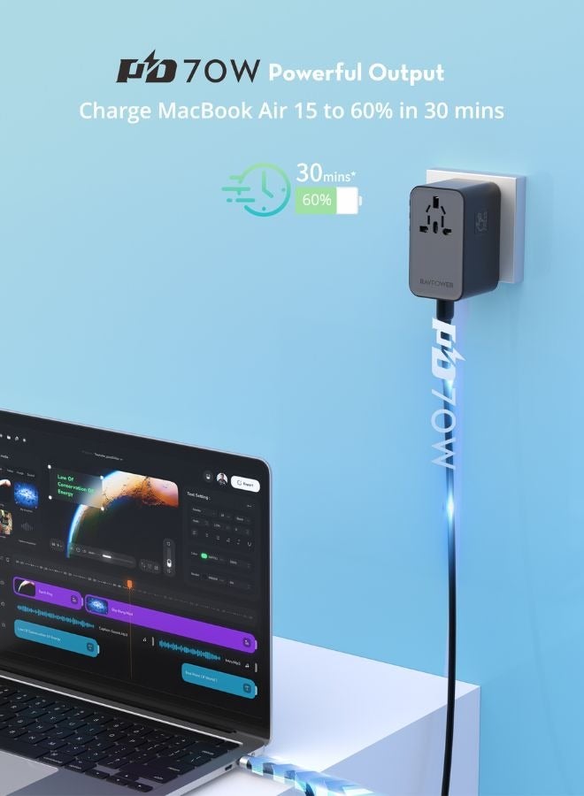 RAVPOWER - 70W 4-Port Travel Adapter with Built-in USB-C Cable, GaN 5.0 Universal Adapter, International Wall Charger with AC Outlet, 2 USB-A, USB-C PD, for Laptops, Phones, Tablets, PC1061 Black - Image 1