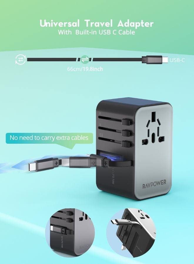 RAVPOWER - 70W 4-Port Travel Adapter with Built-in USB-C Cable, GaN 5.0 Universal Adapter, International Wall Charger with AC Outlet, 2 USB-A, USB-C PD, for Laptops, Phones, Tablets, PC1061 Black - Image 1