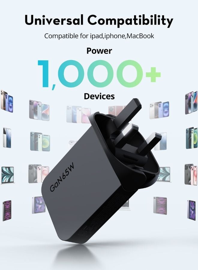 راف باور شاحن حائط PD Pioneer بقوة 65 واط و2 منفذ، تقنية GaN 5.0، تصميم قابل للطي ومضغوط، تقنية iSmart، حماية متعددة، نحيف جداً، متوافق مع iPad وiPhone وMacBook وPC1079 - Image 5