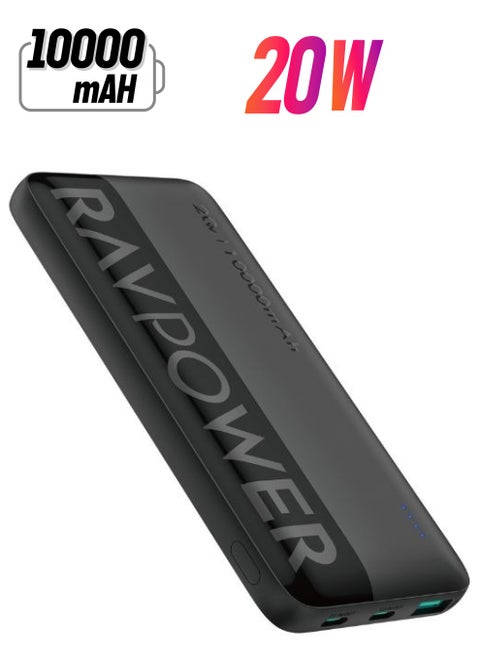 10000 mAh PD 20W 3-Port Power Bank, Fast Charging PD/QC, Charge 3 Devices Simultaneously, Universal Compatibility for iPhone 15/16 & More, Dual USB-C + USB-A, iSmart Technology Black