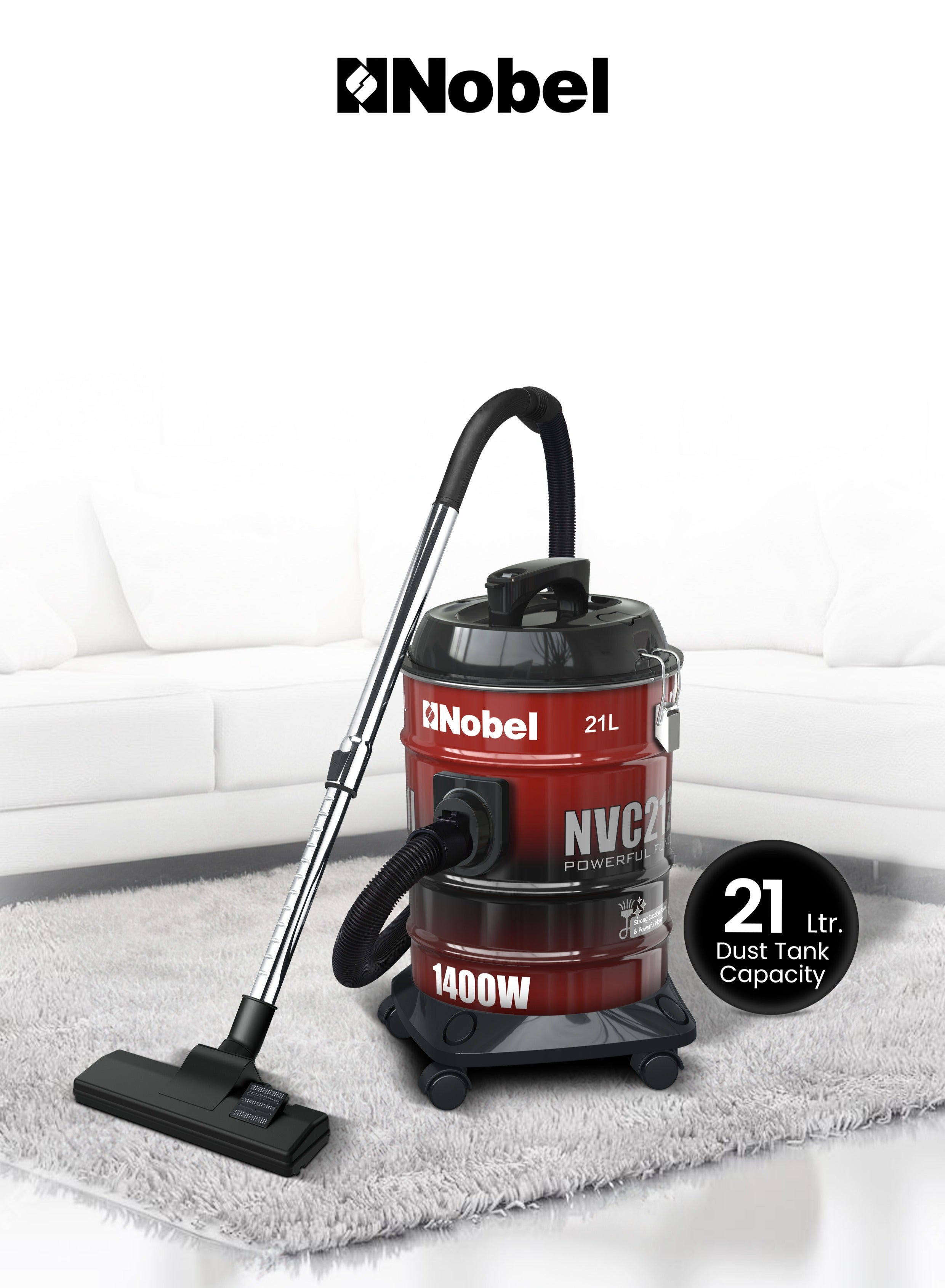 نوبل Nobel 21L Capacity Drum Vacuum Cleaner with and Powerful Suction 1400W NVC2121I 21 L 1400 W NVC2121I red 