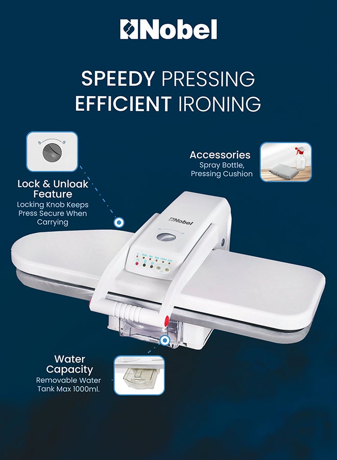 نوبل Nobel 32-Inch Steam Press with 1.0L Removable Water Tank, Digital Temperature Control, 90g Burst of Steam, Auto Safety Shut-Off, and LED Display for Precise and Efficient Ironing NSP32M 32 L 1600 W NSP32M white  - Image 4